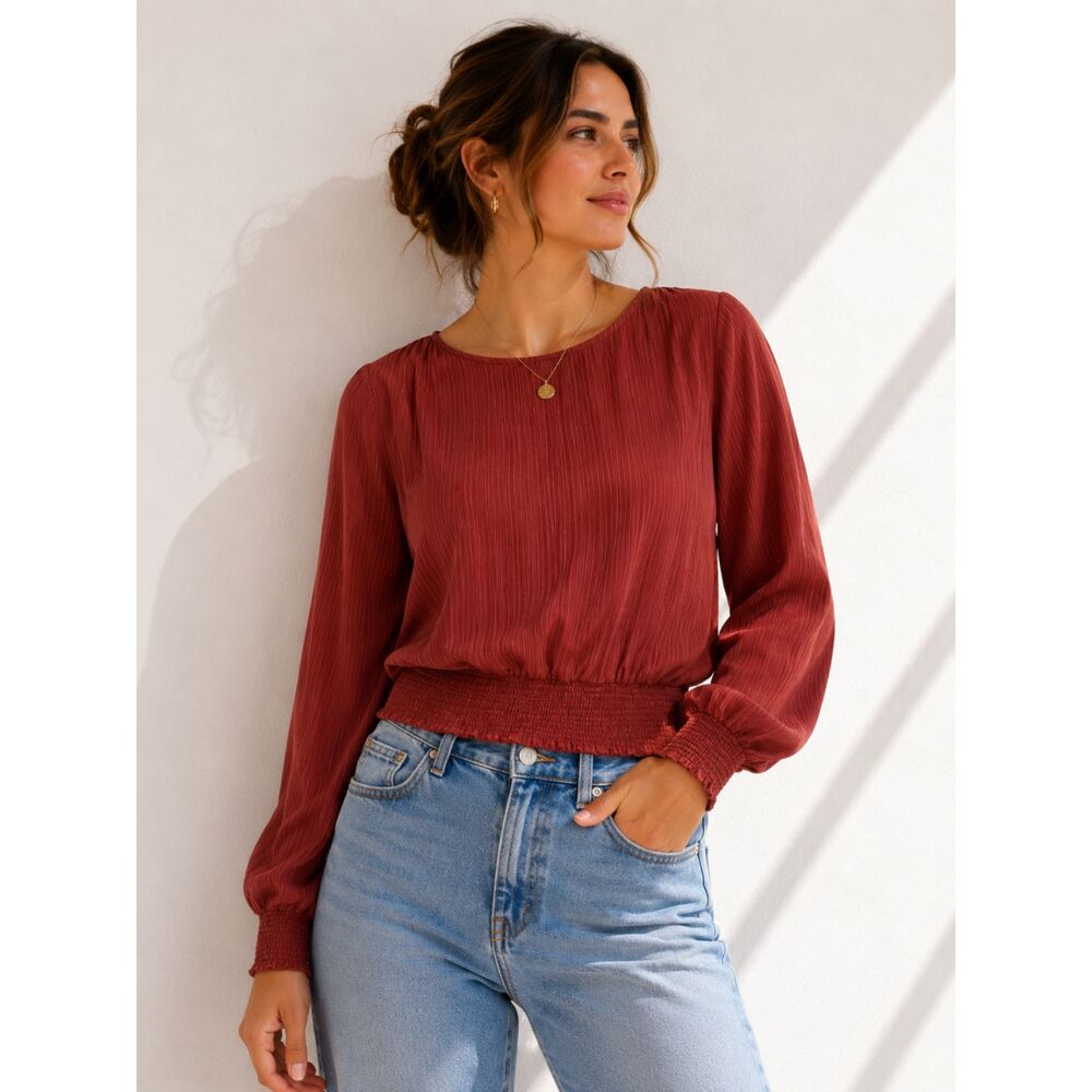 Lumière Rust Ribbed Smocked Blouse Women's Large Workwear Top